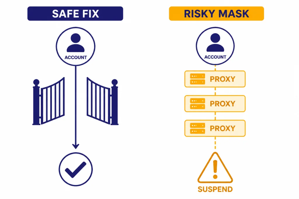 Two-column diagram labeled SAFE FIX and RISKY MASK, with ACCOUNT and SUSPEND warning elements.