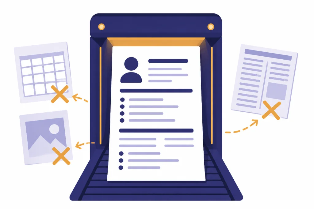 ATS Formatting Check Single-column resume passing through scanner while table, image, and columns are rejected.