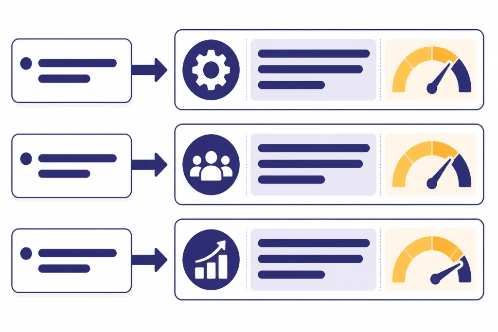 Three resume bullet cards changing from duties into accomplishment lines with gauges.