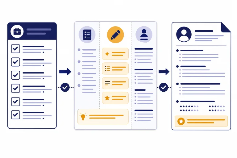 Resume document connected to a prompt card and polished resume page with checkmarks.