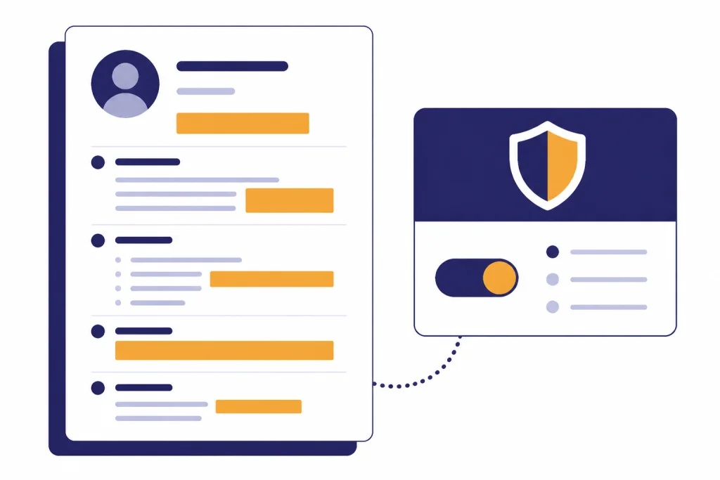 Private Resume Editing Resume page with hidden contact fields beside a toggle panel and shield icon.