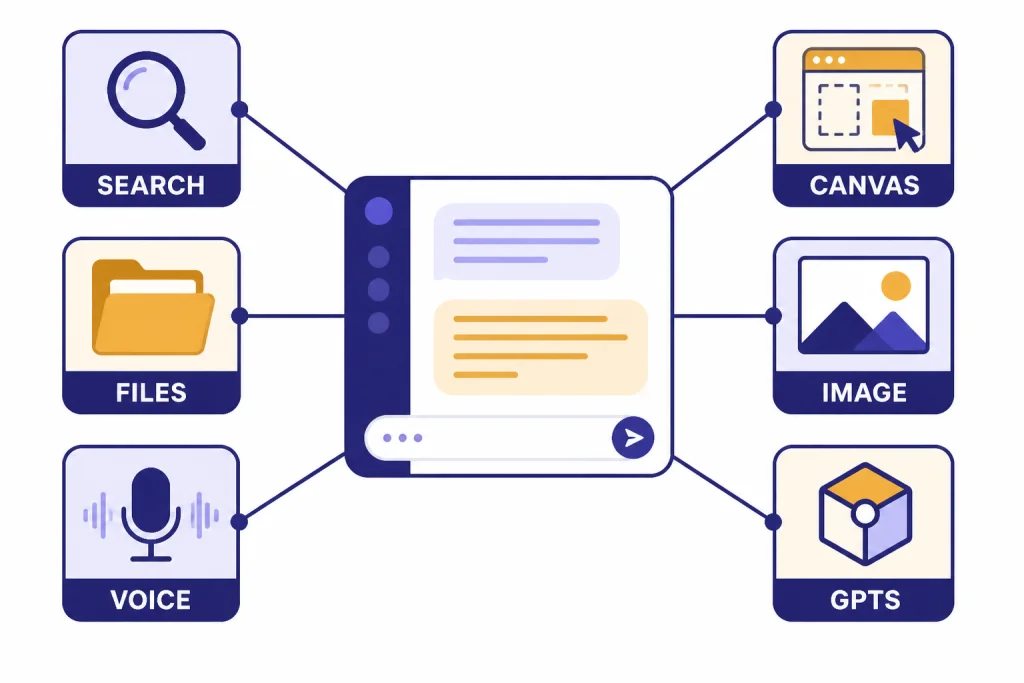 Feature map with central chat panel connected to SEARCH, FILES, VOICE, CANVAS, IMAGE, and GPTS tiles.