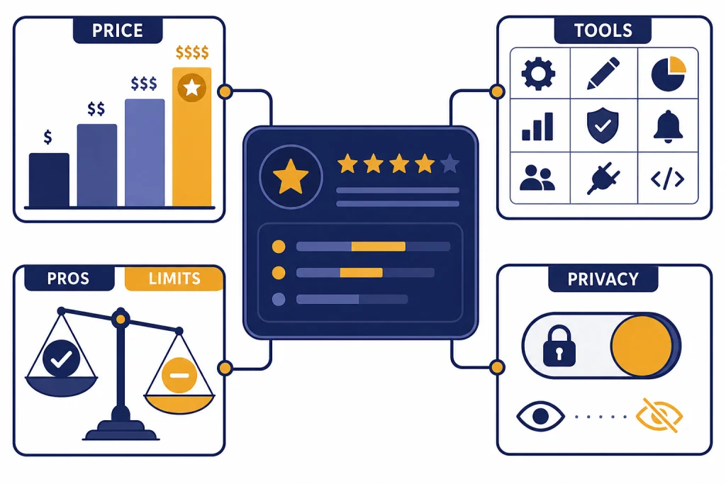 ChatGPT Review Dashboard Review dashboard with panels labeled PRICE, TOOLS, PROS, LIMITS, and PRIVACY around a central score gauge.