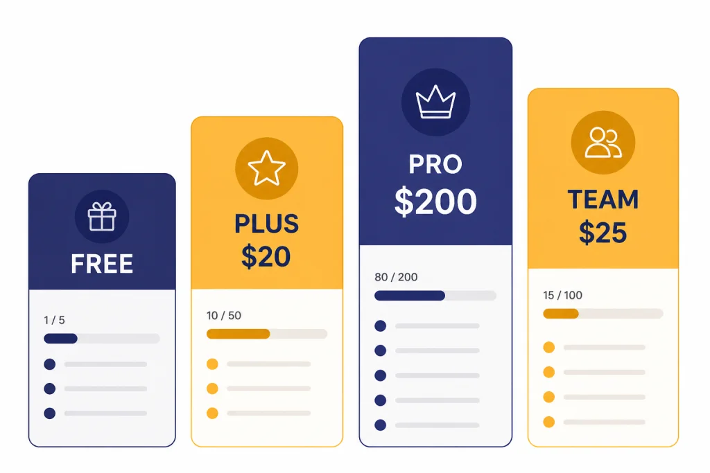 Four pricing cards labeled FREE, PLUS $20, PRO $200, and TEAM $25 with usage meters.