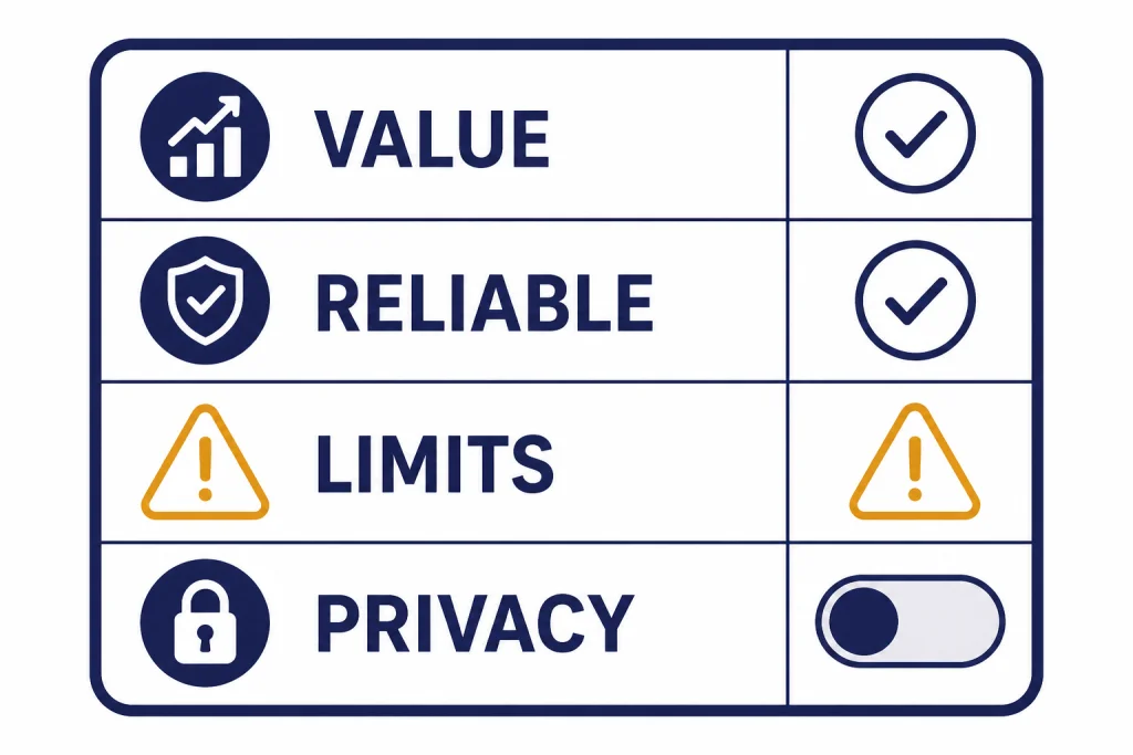 Verdict scorecard with rows labeled VALUE, RELIABLE, LIMITS, and PRIVACY with check and warning icons.