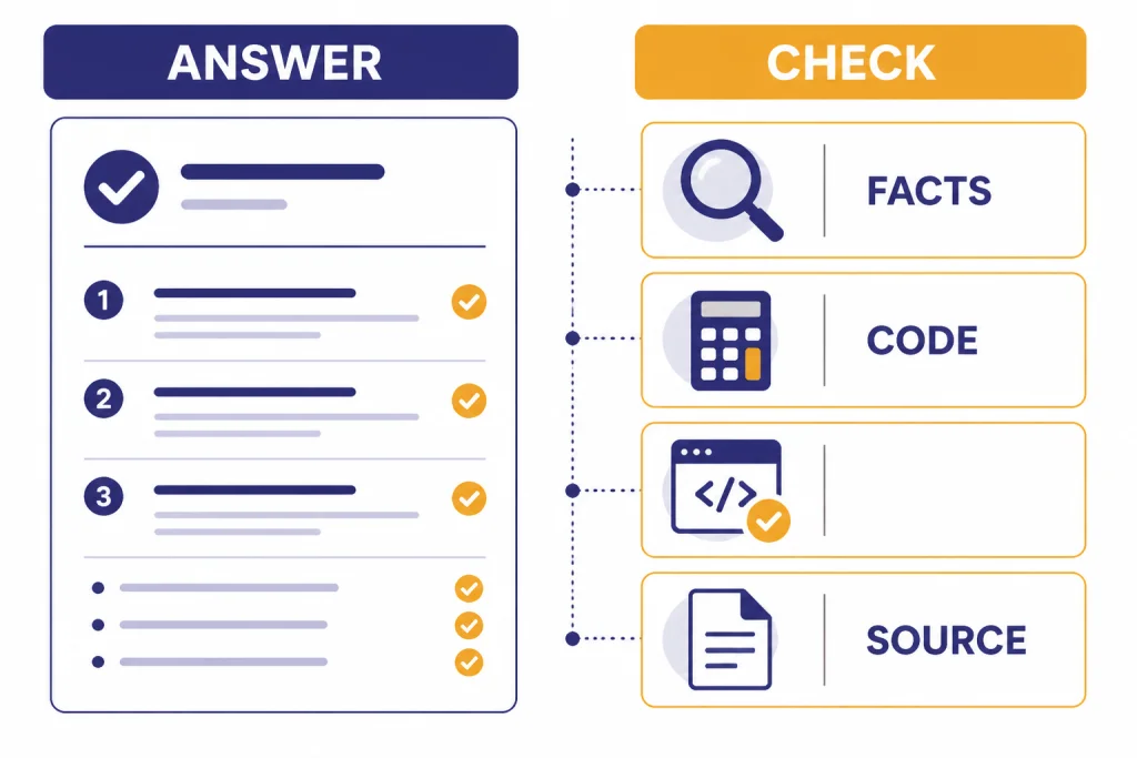 Risk checklist with labels ANSWER, CHECK, FACTS, CODE, and SOURCE beside verification icons.