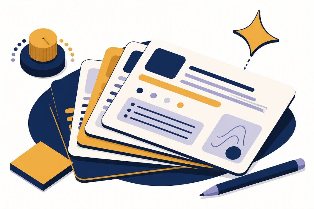 Fanned stack of prompt cards with abstract lines, a tone dial, and a punchline marker above.