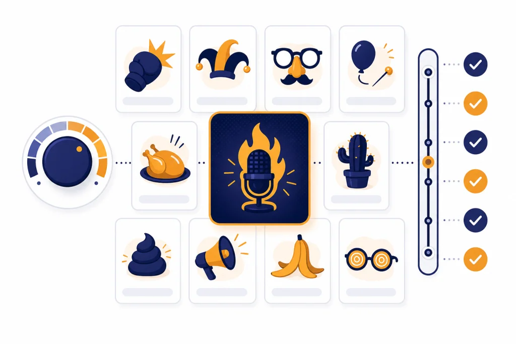 Roast Prompt Dashboard Dashboard grid with prompt cards, a central roast card, tone dial, boundary rail, and checkmark chips.