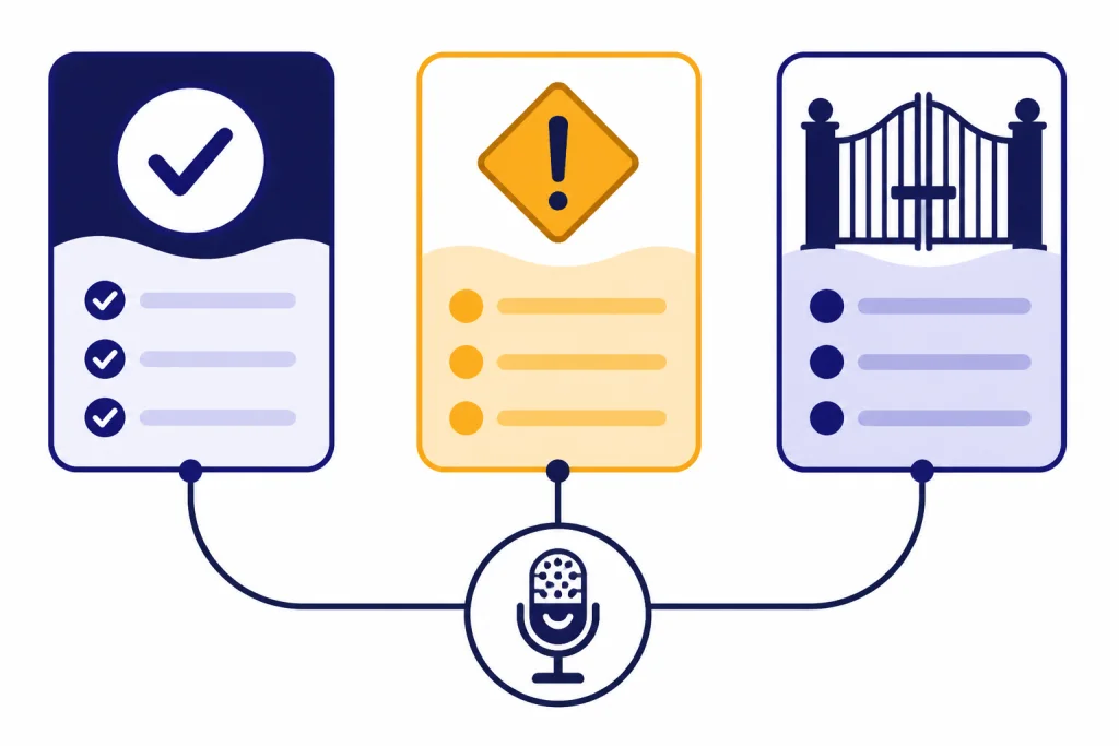 Three boundary cards with check symbols, warning diamond, closed gate, and a small microphone icon.