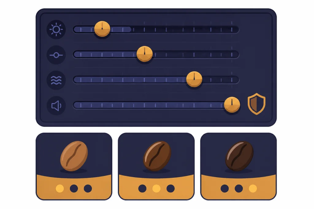 Roast Tone Sliders Control board with four tone sliders, a shield icon, and three roast output cards below.
