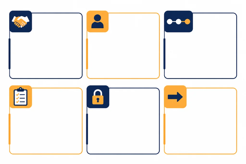 Deal Brief Worksheet Deal brief worksheet with six empty fields and icons for offer, buyer, stage, evidence, constraints, and next step.