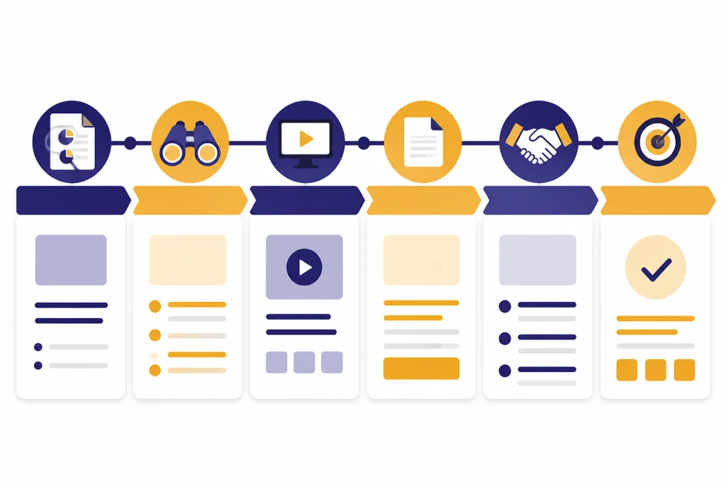 Six-column sales pipeline with prompt cards for research, discovery, demo, proposal, negotiation, and close.