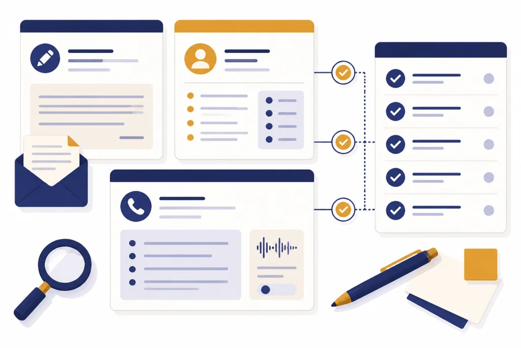 Sales Message Review Draft message card, CRM record, call notes, and checklist panel connected by verification lines.