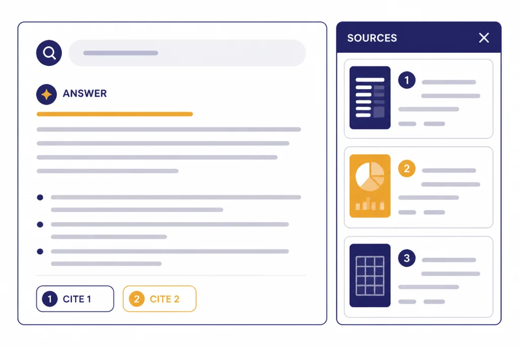 Citations And Sources Drawer Answer panel labeled ANSWER with citation chips CITE 1 and CITE 2 beside a SOURCES drawer.