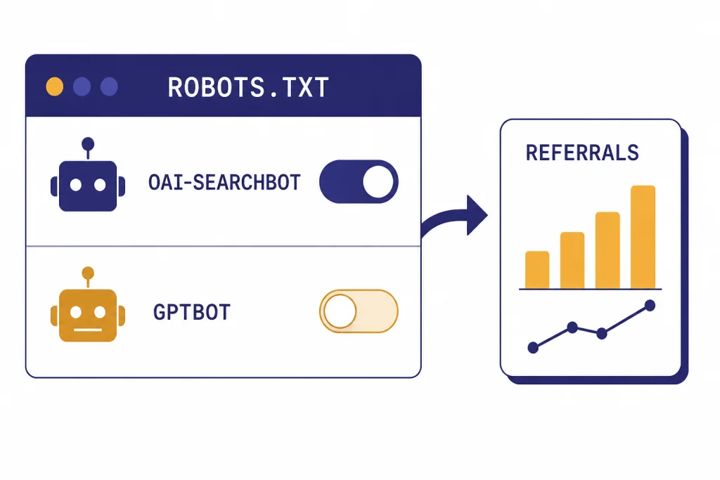 Robots.txt panel labeled ROBOTS.TXT with OAI-SEARCHBOT, GPTBOT, and REFERRALS cards.