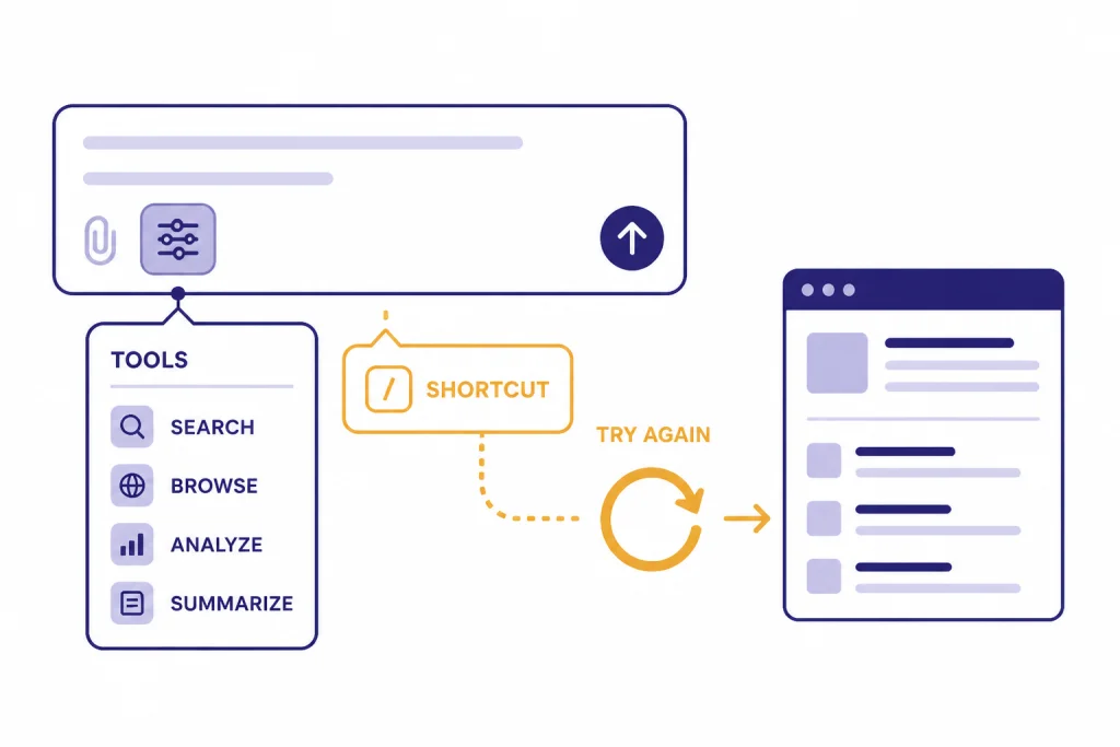 Search Entry Methods Compose box with tools menu labeled TOOLS and SEARCH, slash bubble labeled / SHORTCUT, and TRY AGAIN arrow.