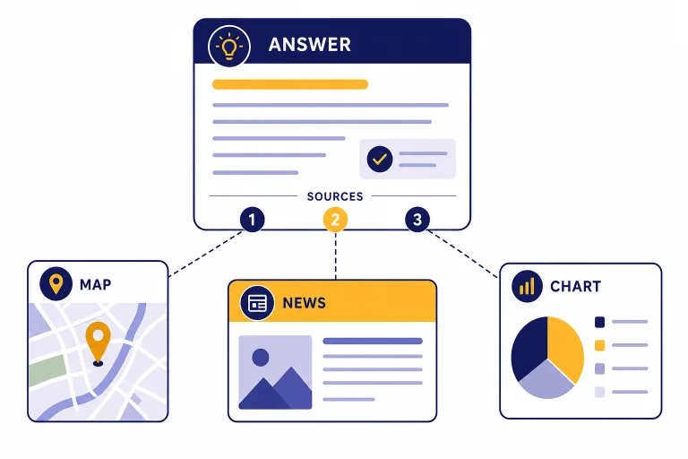 Answer panel labeled ANSWER connected to source cards labeled SOURCES, MAP, NEWS, and CHART.
