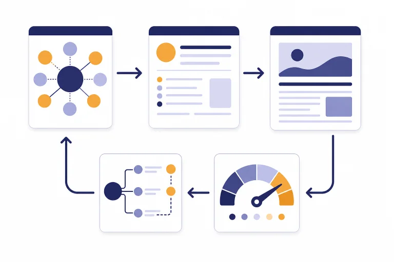 Workflow board with keyword, brief, draft, internal link, and performance gauge cards connected by arrows.