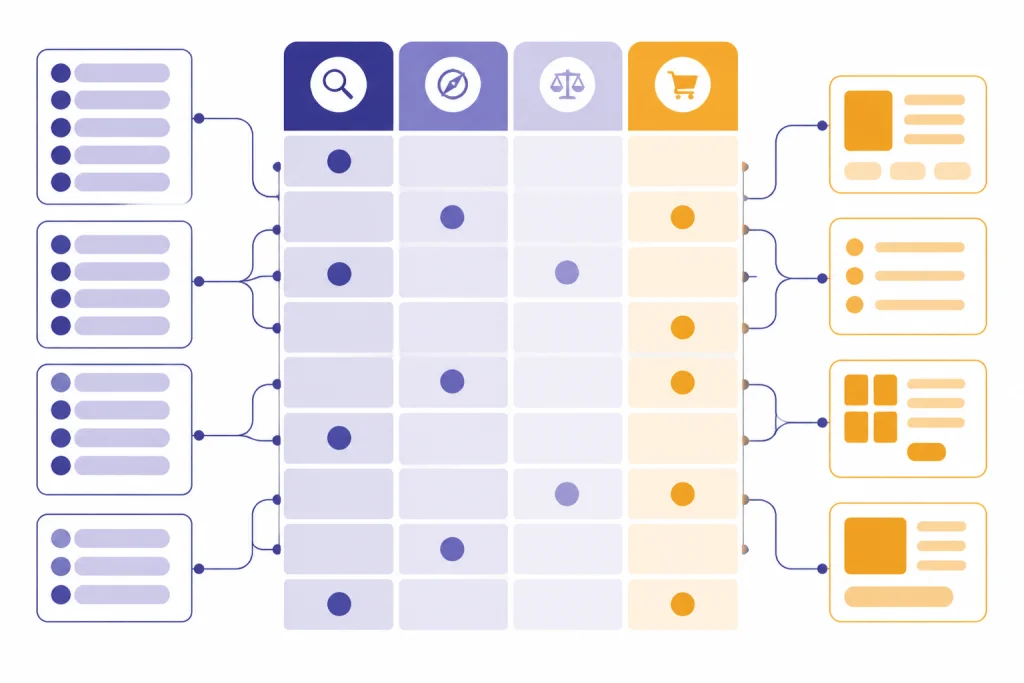 Keyword intent matrix with query chips routed into intent columns and page type cards.