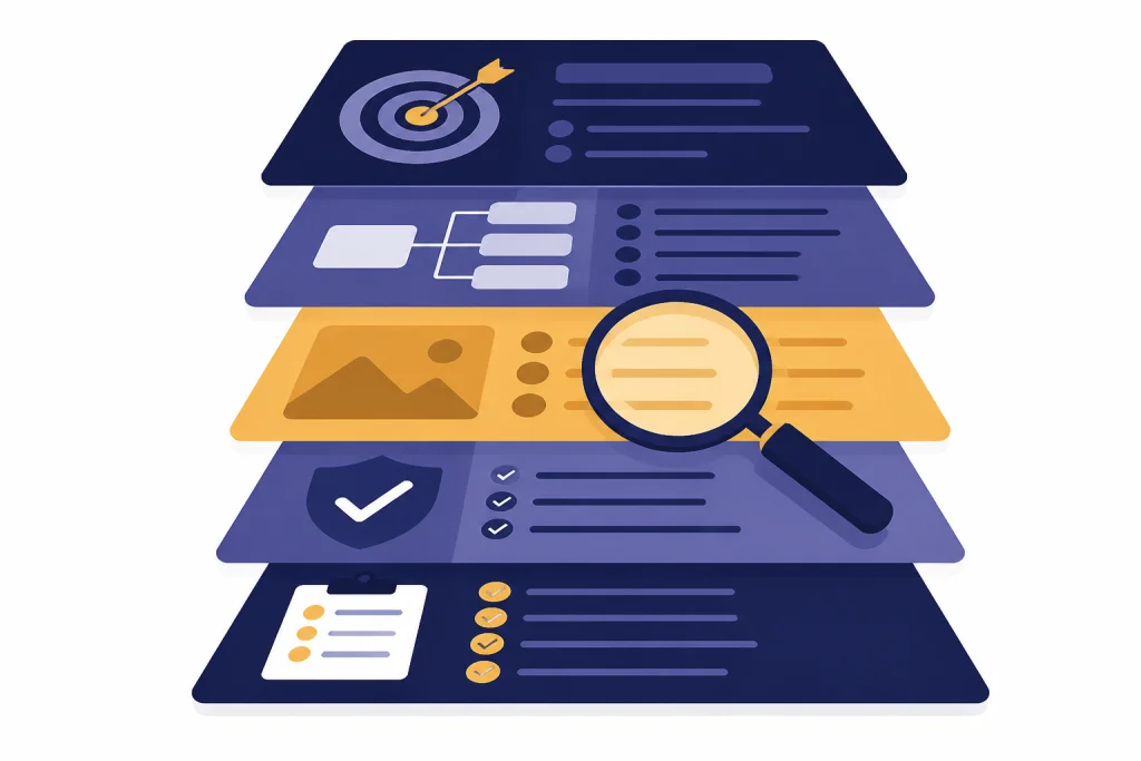 Stacked content brief layers with a magnifying glass over the originality layer.