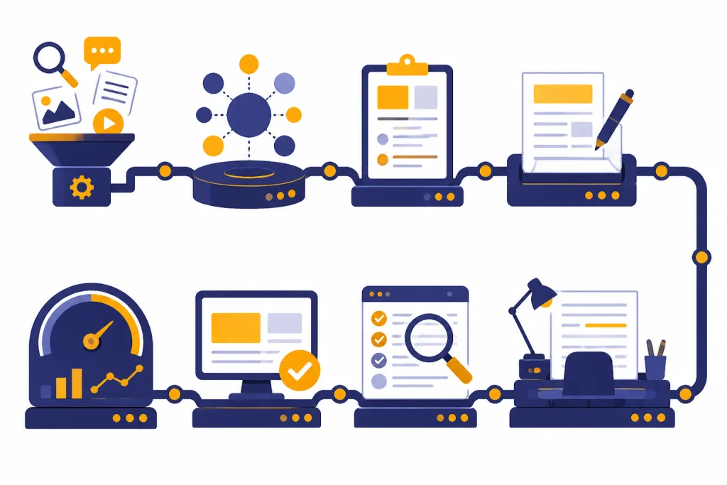 SEO workflow pipeline from inputs to intent cluster, brief, draft, edit, publish, and performance gauge.