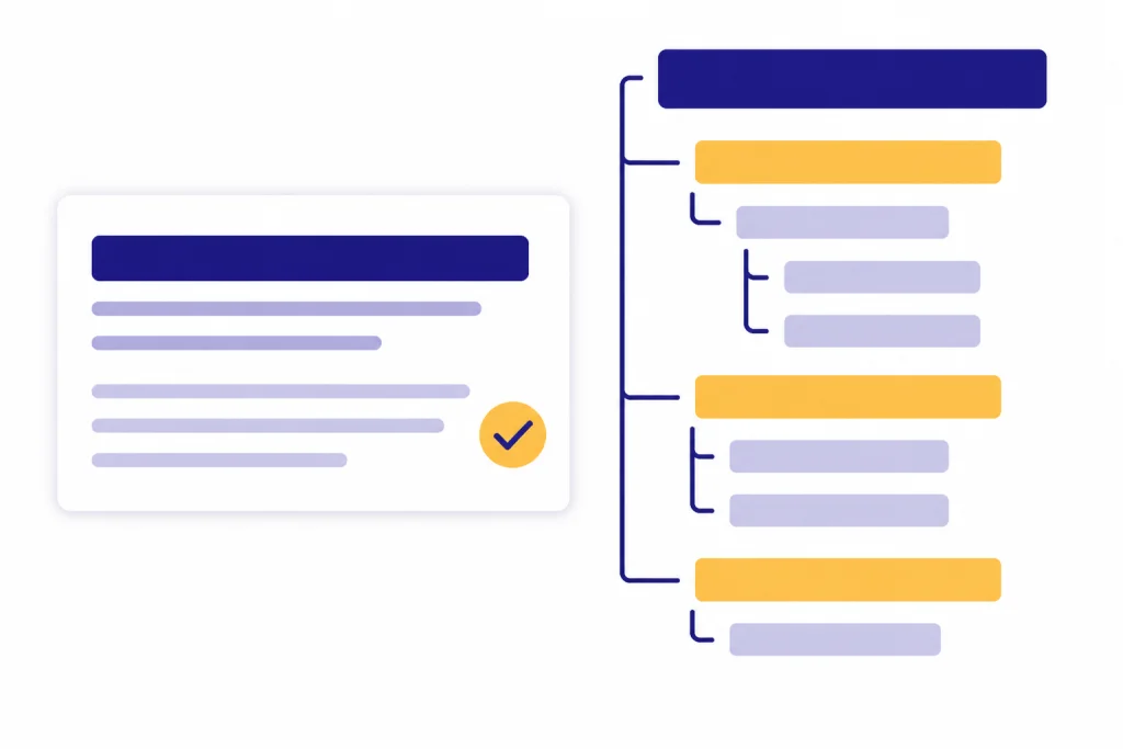 Snippet And Heading Structure Search snippet card beside a nested heading ladder with an accuracy check mark.
