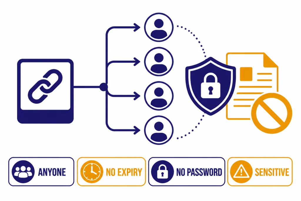 Shared Link Privacy Rules Shared link branches to viewers with labels ANYONE, NO EXPIRY, NO PASSWORD, and SENSITIVE.