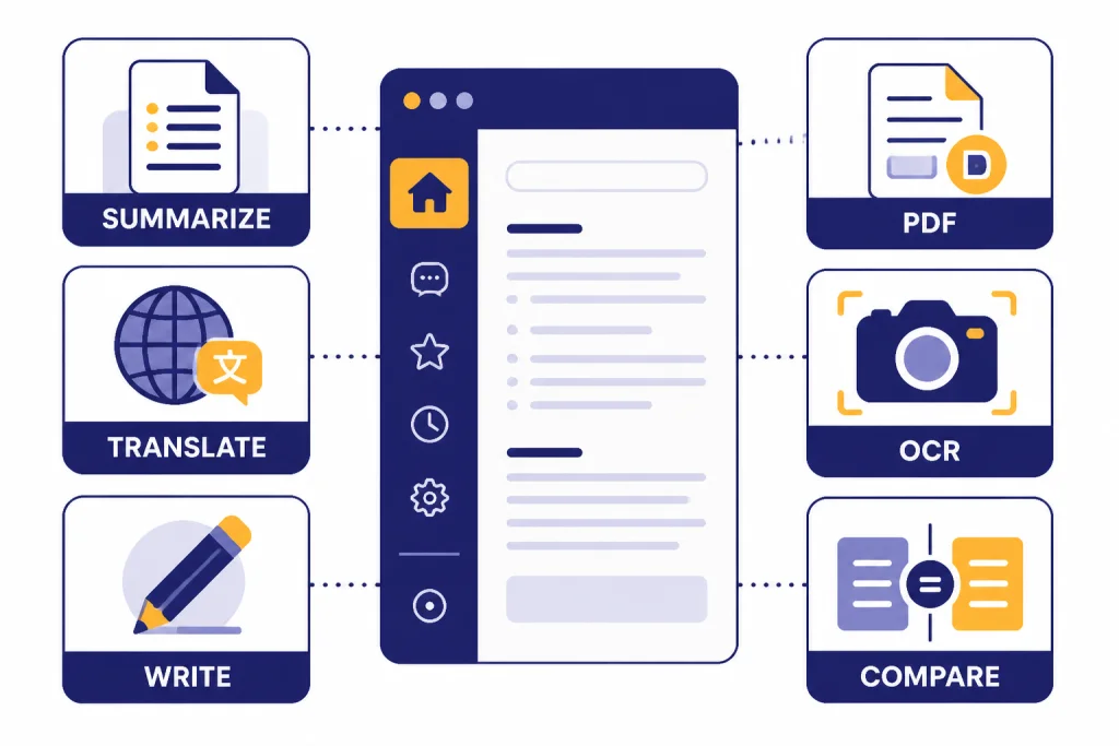 Six feature tiles labeled SUMMARIZE, TRANSLATE, WRITE, PDF, OCR, and COMPARE around a sidebar.