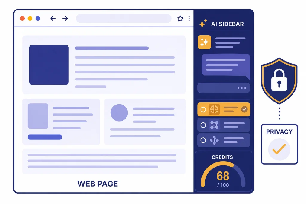 ChatGPT Sidebar Review Overview Browser window with right AI sidebar labeled WEB PAGE, AI SIDEBAR, CREDITS, and PRIVACY.