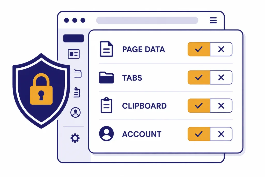 Security panel with permission rows labeled PAGE DATA, TABS, CLIPBOARD, and ACCOUNT beside a sidebar.