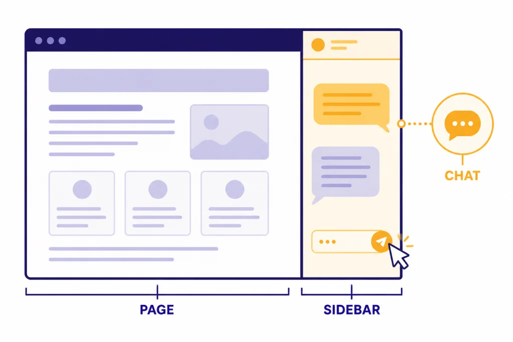 Browser page beside a right panel labeled PAGE, SIDEBAR, and CHAT.