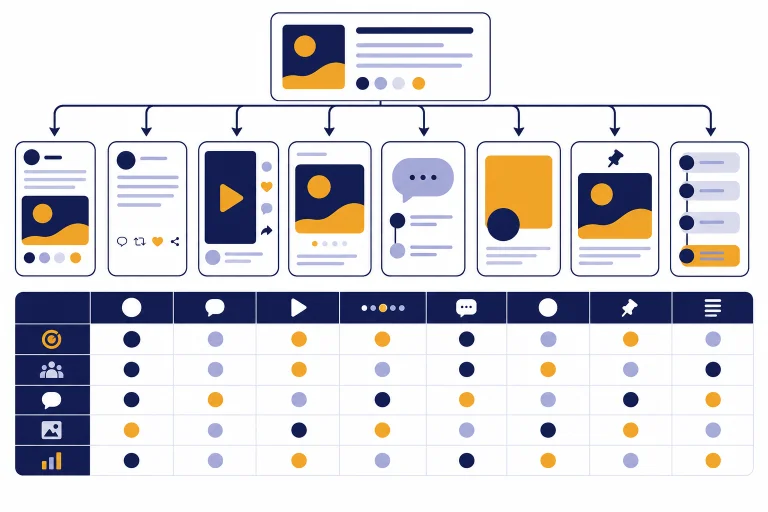 Central prompt card branching into eight social post cards in a clean platform matrix
