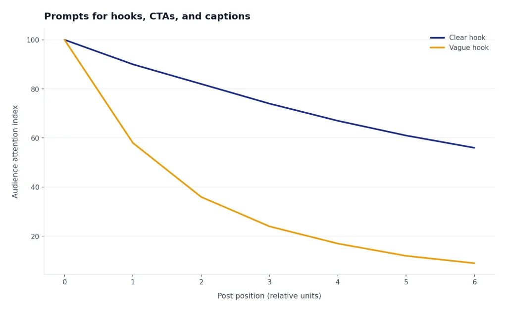Line chart: Clear hook declines from 100 to 56; Vague hook drops from 100 to 9 over post position.