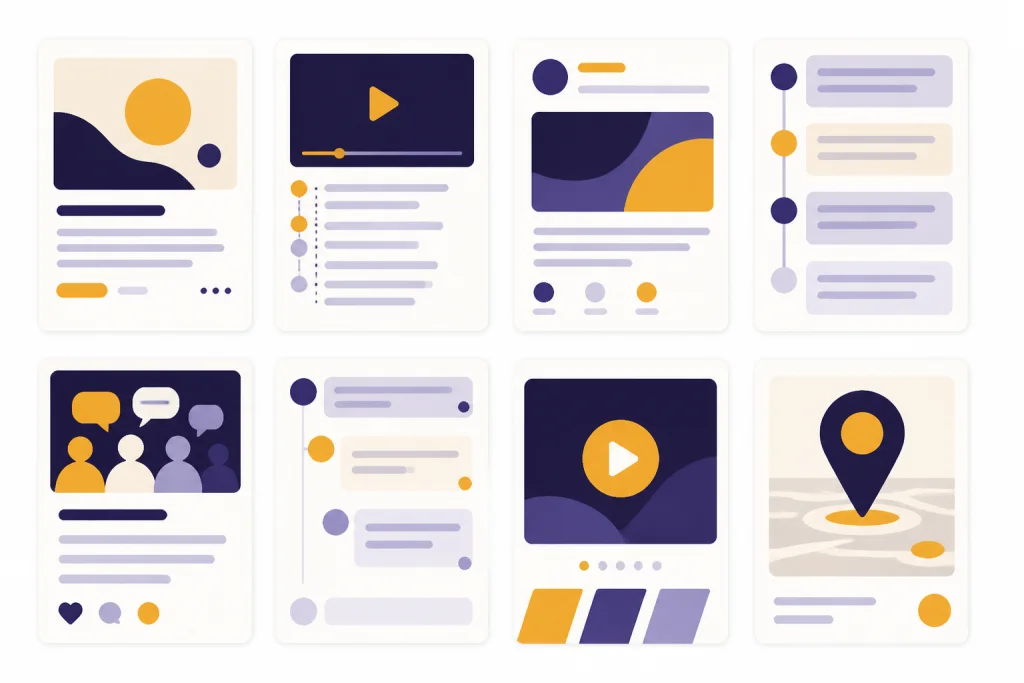 Platform Prompt Cards Eight prompt cards arranged in a grid, each with a different social content shape
