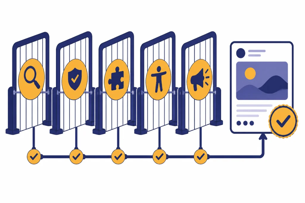 Prepublish Quality Gates Five review gate panels connected to one approved social post card