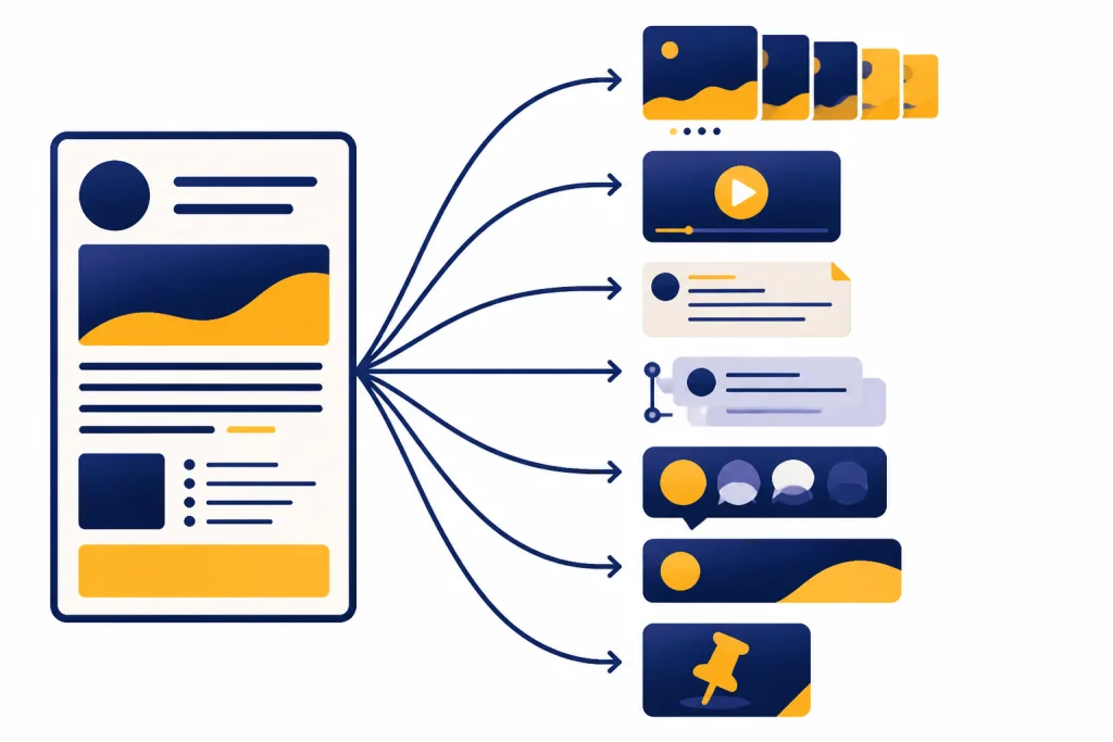 Repurposing Workflow One source document splitting into seven native social media asset cards