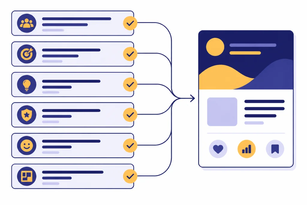 Six stacked prompt fields feeding into one finished social media draft card