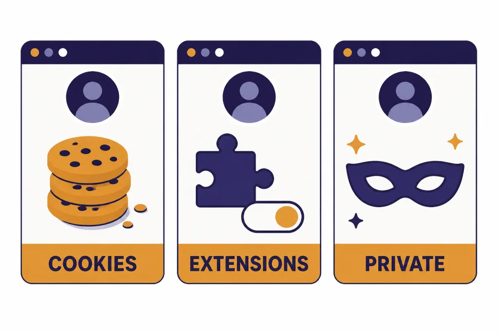 Three browser panels labeled COOKIES, EXTENSIONS, and PRIVATE.