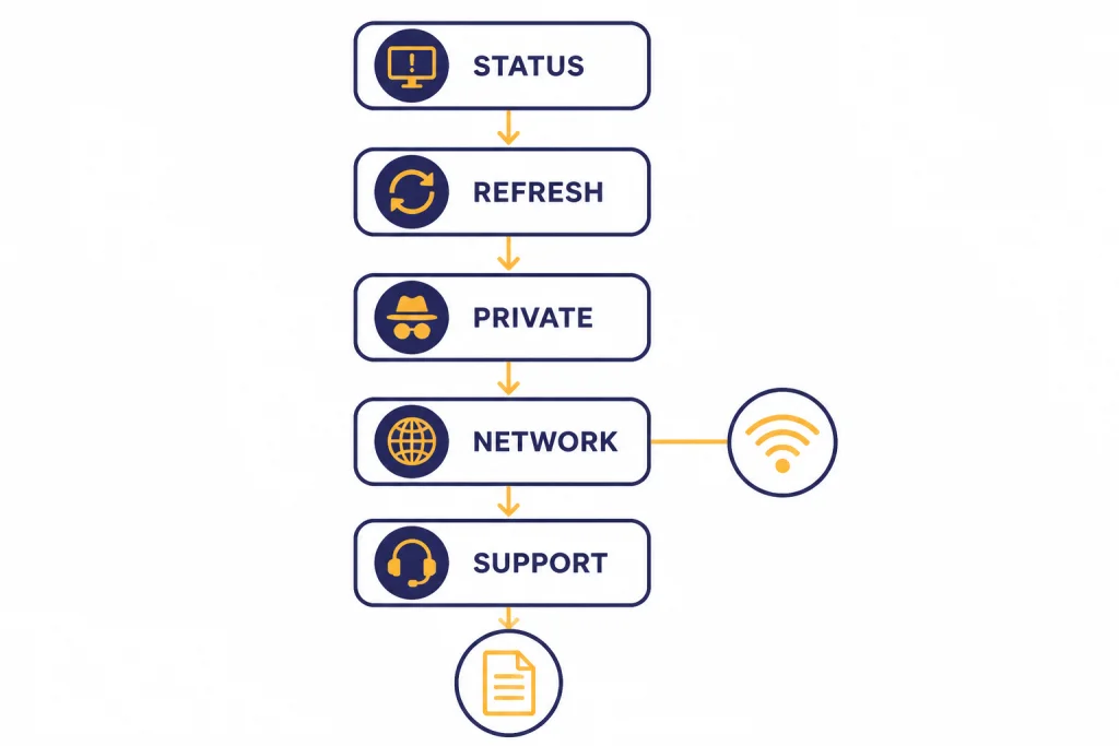 Flowchart nodes labeled STATUS, REFRESH, PRIVATE, NETWORK, and SUPPORT.