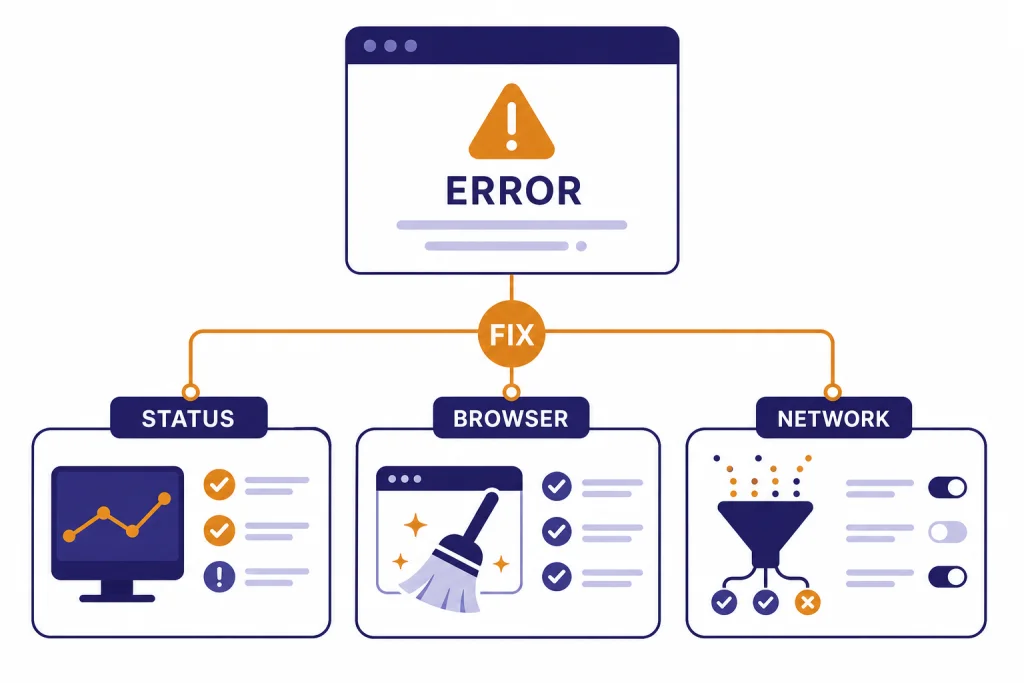 ChatGPT Error Decision Tree Browser error card branching to labels ERROR, STATUS, BROWSER, NETWORK, and FIX.