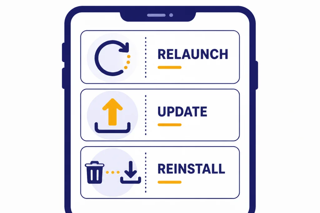 Smartphone troubleshooting card with rows labeled RELAUNCH, UPDATE, and REINSTALL.