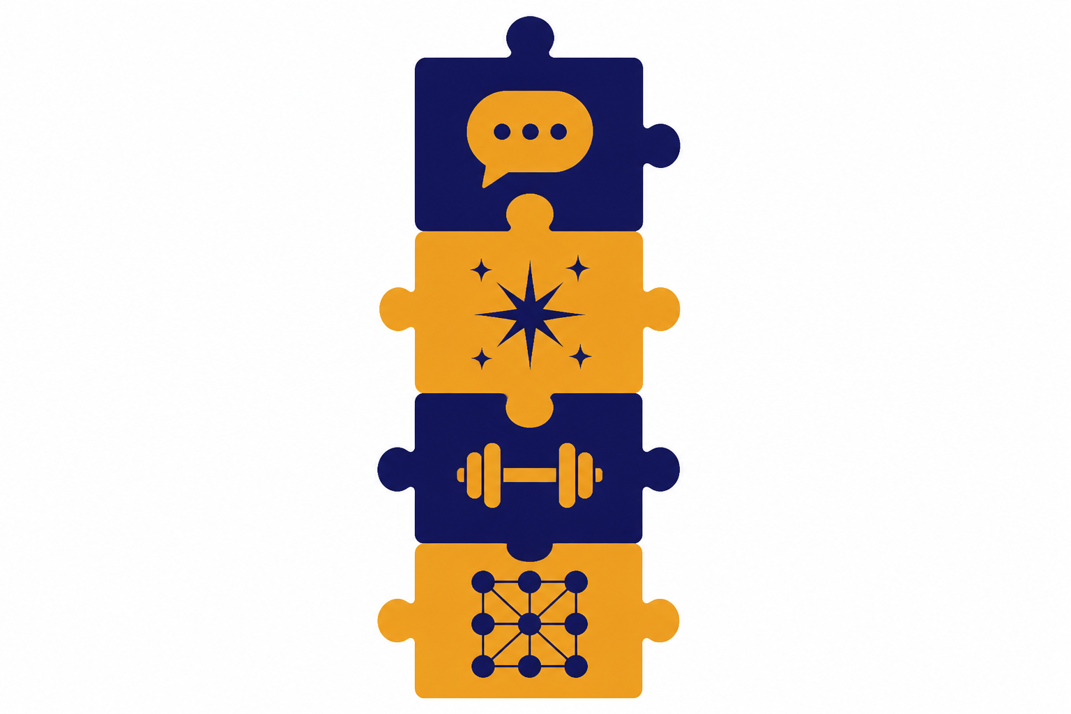 Acronym Puzzle Pieces Four interlocking puzzle pieces show chat bubble, spark, dumbbell, and connected grid icons.