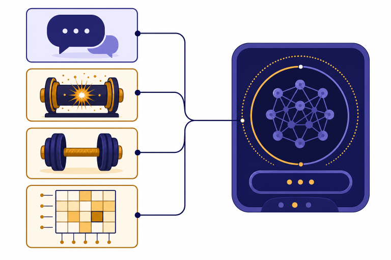 Four stacked acronym cards connect into one assistant panel with chat, spark, weight, and grid icons.