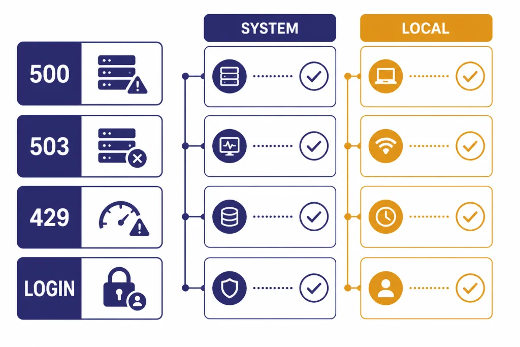 Diagnostic matrix with tiles 500, 503, 429, LOGIN and columns labeled SYSTEM and LOCAL.