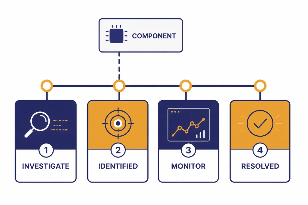 Incident timeline labeled INVESTIGATE, IDENTIFIED, MONITOR, RESOLVED, with a COMPONENT chip.