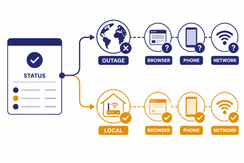 Decision flowchart labeled STATUS branching to OUTAGE and LOCAL with BROWSER and NETWORK tests.