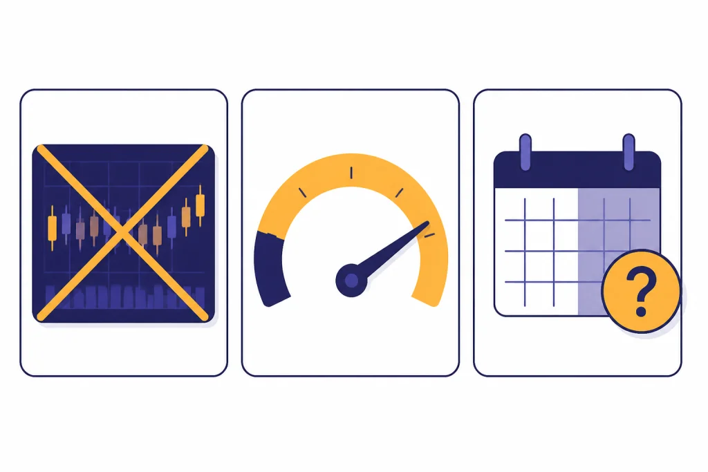 Three status cards show no ticker, a large funding gauge, and a half-shaded calendar.