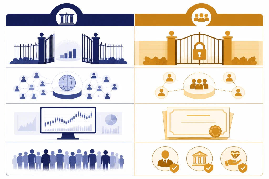Public Versus Private Exposure Split table contrasts an open brokerage gate with a locked private secondary share gate.