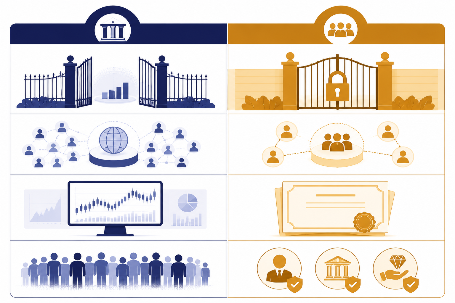 Public Versus Private Exposure Split table contrasts an open brokerage gate with a locked private secondary share gate.