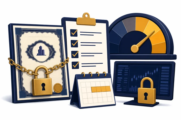 Locked share certificate, IPO checklist, valuation gauge, calendar card, and blocked brokerage screen.